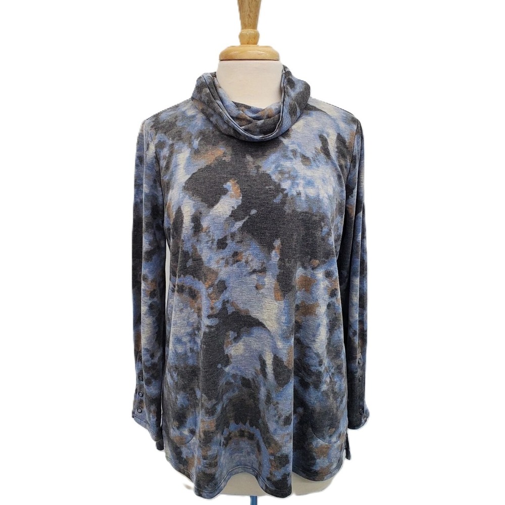 Logo Lounge Womens M Cowl Neck Long Sleeve Top Blue Brown Tie Dye Soft Knit
